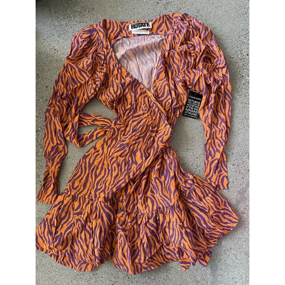 ROTATE Birger Christensen Zebra-Print Twill Wrap Mini Dress Size 36 S NWT - Picture 6 of 12